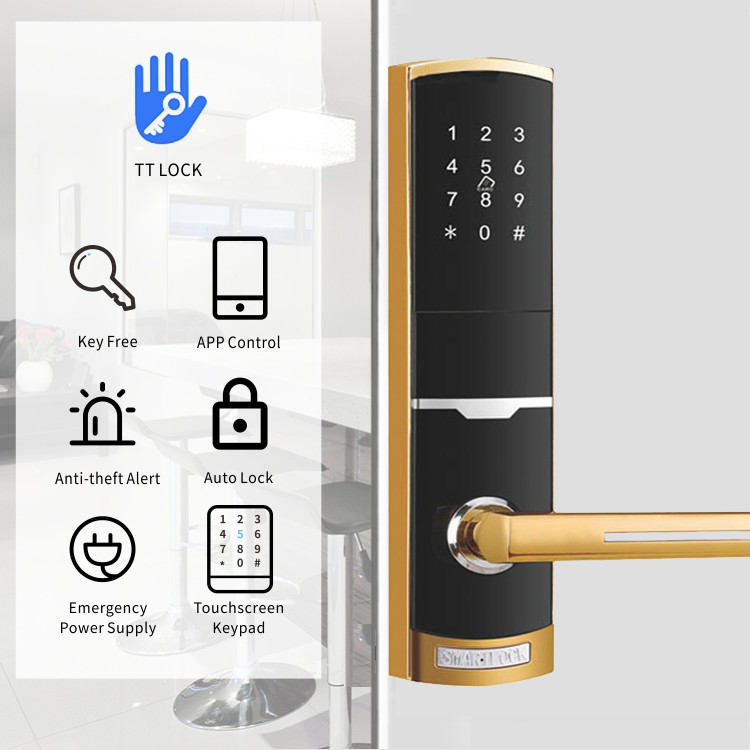 Cor dourada controle remoto Smart Keypad Fechadura de porta com TTlock app Card Key